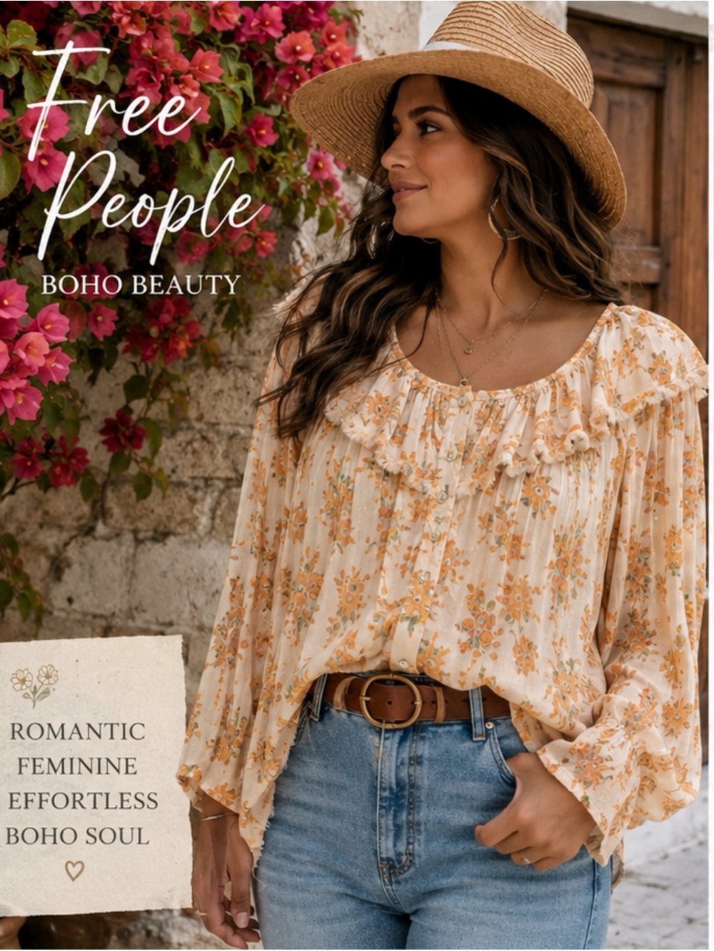Free People Floral Ruffle Boho Blouse Peach Cream Long Sleeve Top S